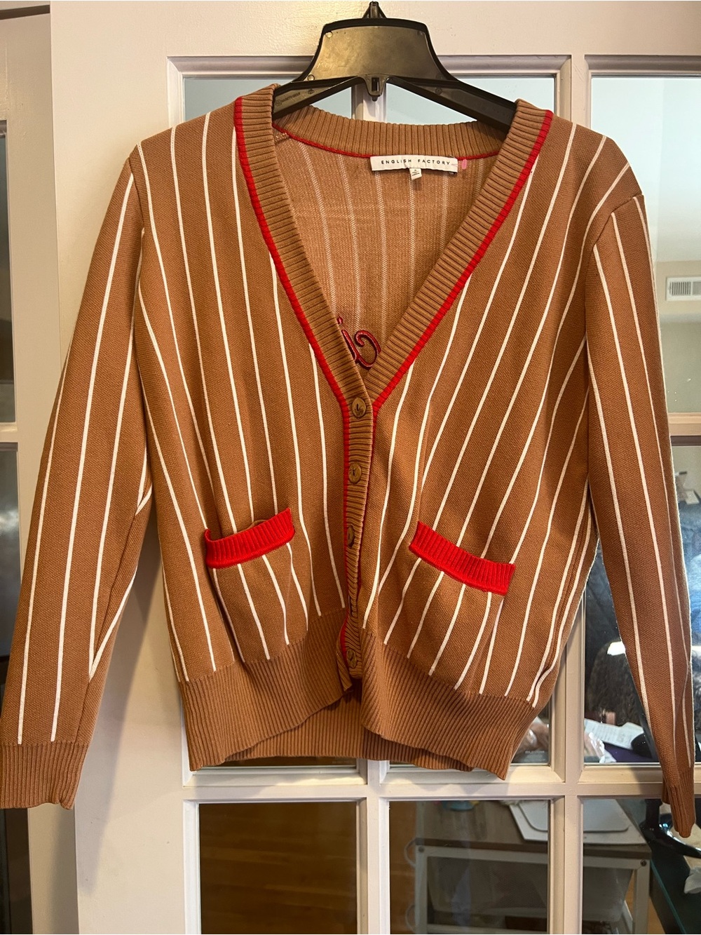 English Factory Brown and White Striped Cardigan with Red Trim